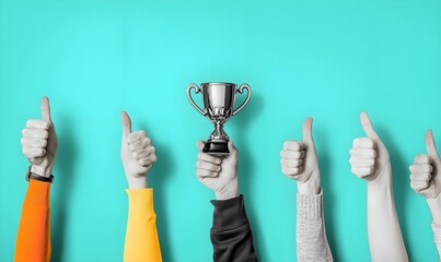 Contemporary art collage showing a hand holding a trophy and approving hands showing a thumbs up.