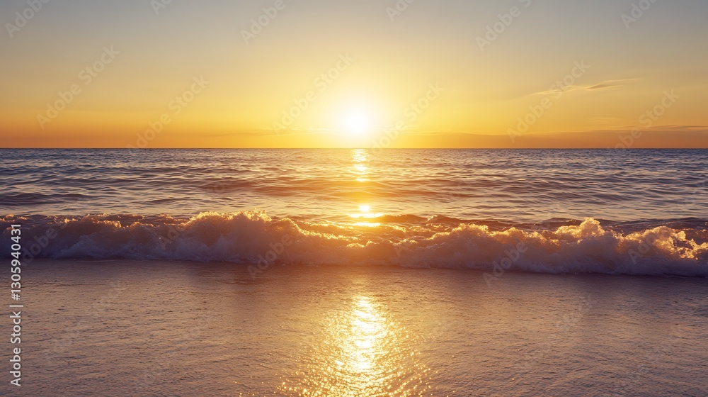 Aufkleber ahmadwahyuutomo776@gmail.com Serene golden sunrise reflecting over calm ocean waves, creating a tranquil atmosphere.