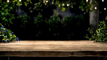 Rustic Wooden Tabletop  Cozy Cafe  Night Scene  Garden Background  Product Display
