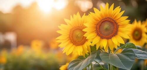 Obraz premium Field of sunflowers facing the golden sunset