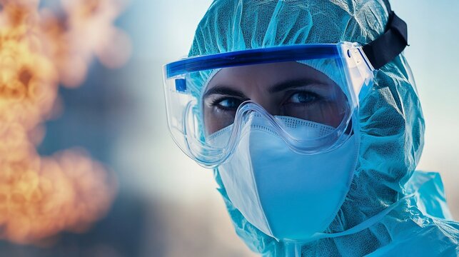 Close up of a healthcare worker wearing a personal protective suit, face mask and goggles