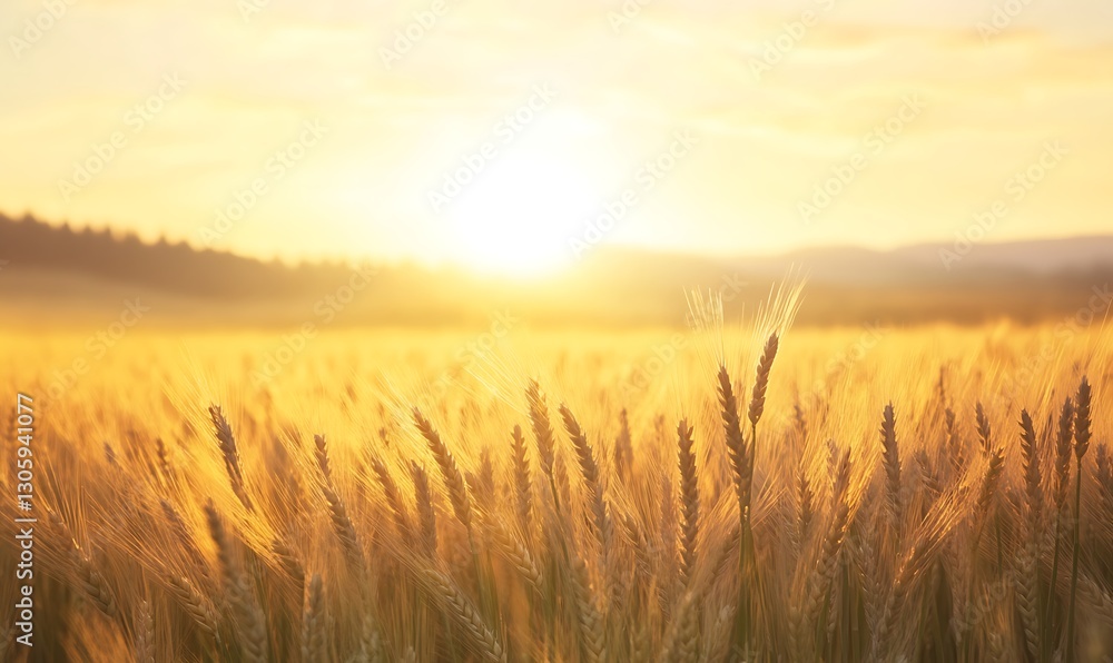 Poster ahmadwahyuutomo776@gmail.com Golden wheat field at sunrise with gentle wind, capturing nature's tranquility and beauty.