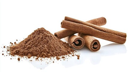 Cinnamon sticks and powder preparation kitchen food photography bright setting close-up culinary art