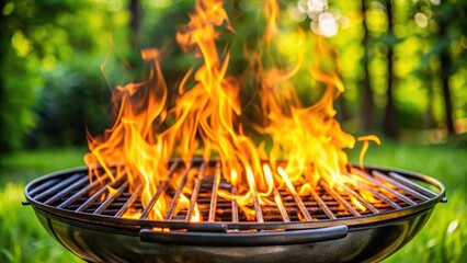 Empty flaming charcoal grill with open fire, perfect for outdoor barbecues and cookouts, grill, charcoal, flames, hot, cooking