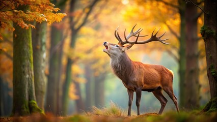 Majestic red deer howling in the autumn forest during rutting season ,  red deer, forest, rut, autumn, howling, majestic