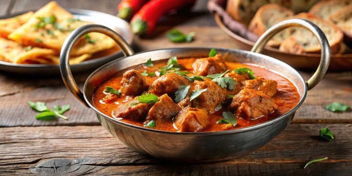 Delicious lamb tikka masala served in a traditional balti dish ,  curry, Indian food, spicy, dinner, cuisine, meat, aromatic