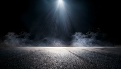 black background of empty street room spotlight illuminates asphalt smoke