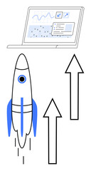 Rocket lifting off, laptop displaying analytics, two upward arrows. Ideal for innovation, business growth, data visualization, progress tracking, technology success startup. Flat simple metaphor