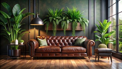 Obraz premium Dark Brown Living Room, Leather Couch, Plants - Interior Design Photography