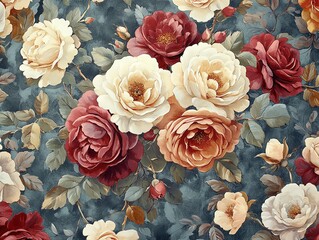 Detailed vintage wallpaper design showcasing large, blooming roses, maximalist pattern, vibrant color palette, intricate floral motifs, antique charm, ultraHD, breathtaking texture