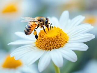 Dynamic shot of a buzzing bee approaching a fully bloomed daisy, vibrant yellow center, crisp details, shallow depth of field, warm summer tones, cinematic natural light