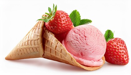 strawberry ice cream in a crispy waffle sugar cone isolated png image cutout cut out