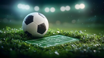 Naklejka premium Tactical Soccer Game Strategy Visualized on a Glass Board Overlaying a Lush Green Turf with Stadium Lighting Effects Showcasing a Professional Sports Training Atmosphere