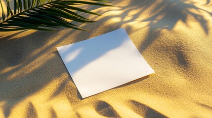 A minimalist and elegant blank white sheet positioned on warm sand, surrounded by natural leaf shadows, ideal for personalized messages and gift card template