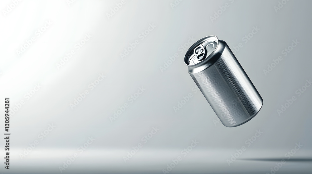 Poster 3d rendering of a stainless steel beverage can with a brushed metal texture floating on a plain whit