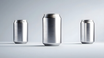 3D render of a brushed stainless steel beverage can or soda can floating on a plain minimalist backdrop  The can has a sleek modern design with a matte textured surface