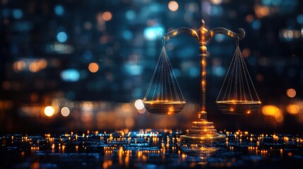Futuristic Concept of AI-Powered Legal Analytics and Financial Regulation Processing in an Augmented Reality Style, Showcasing the Justice Scales Against a High-Tech Background