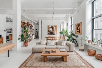 Bright, modern loft interior with a neutral color palette, featuring a large sofa, wooden coffee table, and floor-to-ceiling windows. Abundant natural light, open floor plan, and minimalist decor.