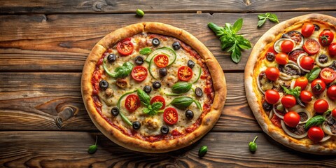 Two freshly baked pizzas with a variety of toppings on a rustic wooden table ,  food, Italian cuisine, dinner