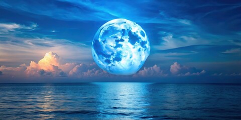 Bright full blue moon rising over calm ocean with cloud bank in background, blue moon, full moon, sky, ocean, clouds, calm