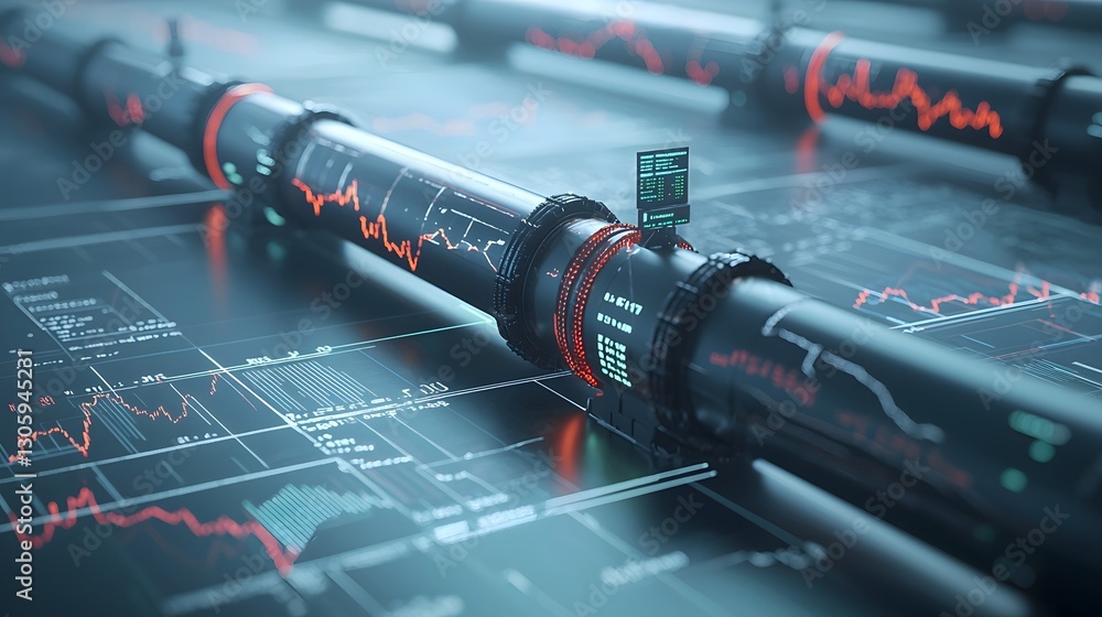 Poster and futuristic image depicting the interconnection between oil pipelines and market graphs symbolizi