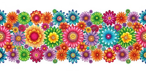 Seamless border with vibrant abstract flowers print for decorative use ,  colorful, seamless, border, abstract, flowers