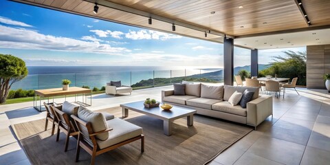 Contemporary home featuring a patio with panoramic ocean view and practical outdoor furnishings, contemporary, home