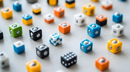 Naklejka premium Captivating arrangement of rare earth magnets in various geometric shapes including cubes and placed on a minimalist surface The image showcases the interplay of magnetism form