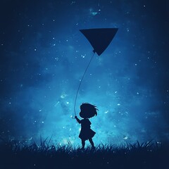 Chibi silhouette of a kite flyer on glossy blue, representing Makar Sankranti aspirations, perfect for customizable designs with ample copy space and clean style