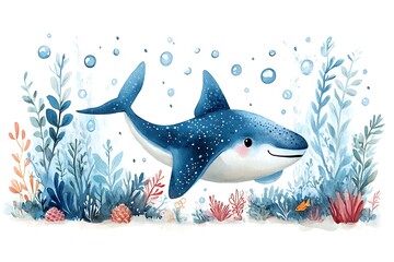 Obraz premium Cute Shark in Underwater Garden