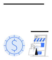 Smartphone illustrating online store with striped awning, hand holding shopping bags, and currency symbol. Ideal for e-commerce, mobile shopping, digital payments, customer engagement, online retail