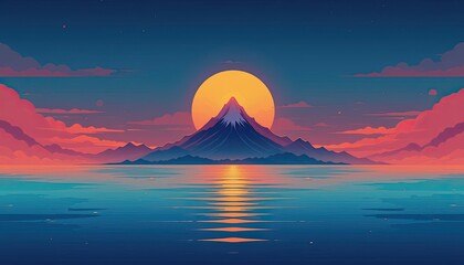 Sunset reflection over mountain lake tranquil nature scene digital artwork