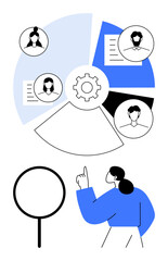 Gear at center of segmented chart surrounded by profile photos and documents. Person pointing at magnifying glass. Ideal for teamwork, collaboration, workflow, research, analysis, management