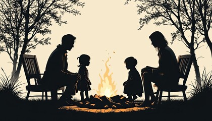 Naklejka premium Family campfire gathering outdoors silhouette evening cozy atmosphere