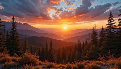 Sunset over mountain valley nature photography scenic landscape tranquil environment wide angle view