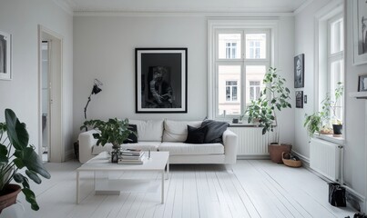 Bright, modern, minimalist living room with white walls, sofa, coffee table, and plants.