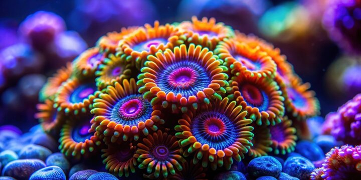 Close-up of colorful Ricordea florida coral polyp in underwater reef habitat, marine life, ocean
