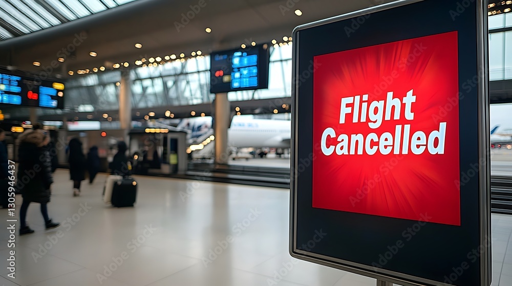 Aufkleber close up of a flashing red flight cancelled sign displayed on an airport announcement screen indicat