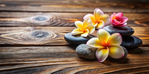 Fototapeta premium Spa stones with frangipani flowers on a wooden surface , relaxation, wellness, natural, beauty, meditation, therapy