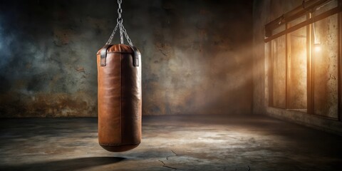 Hanging punching bag in a dimly lit room with soft focus background, showcasing the textured surface of the bag , dim light, punching bag