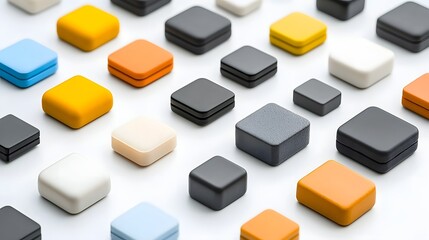 Obraz premium Close up of rare earth magnets in various geometric shapes such as cubes squares and arranged on a minimalist monochromatic surface The magnets are displayed in a vibrant array of colors