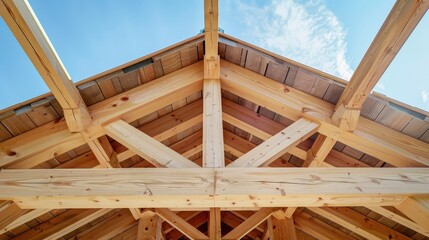 Wooden beam roof construction under clear blue sky background.