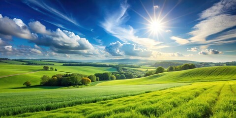 Obraz premium Idyllic green fields bathed in sunshine with clear blue skies , nature, landscape, sunlight, peaceful, serene, countryside