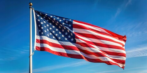 Obraz premium US flag waving in the wind against a clear sky , America, stars and stripes, patriotic, red white and blue