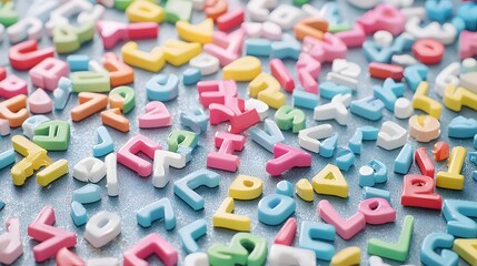 Fototapeta premium Close up of Vibrant Multicolored Magnetic Letters Arranged in Abstract Geometric Designs on a Metal Board Background Flat Lay Style Creative Office Decor or Education Concept