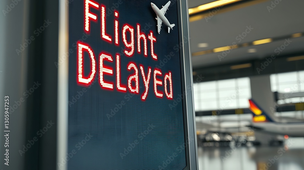 Fototapete close up photograph of a bold red flight delayed alert message displayed on an electronic airport st