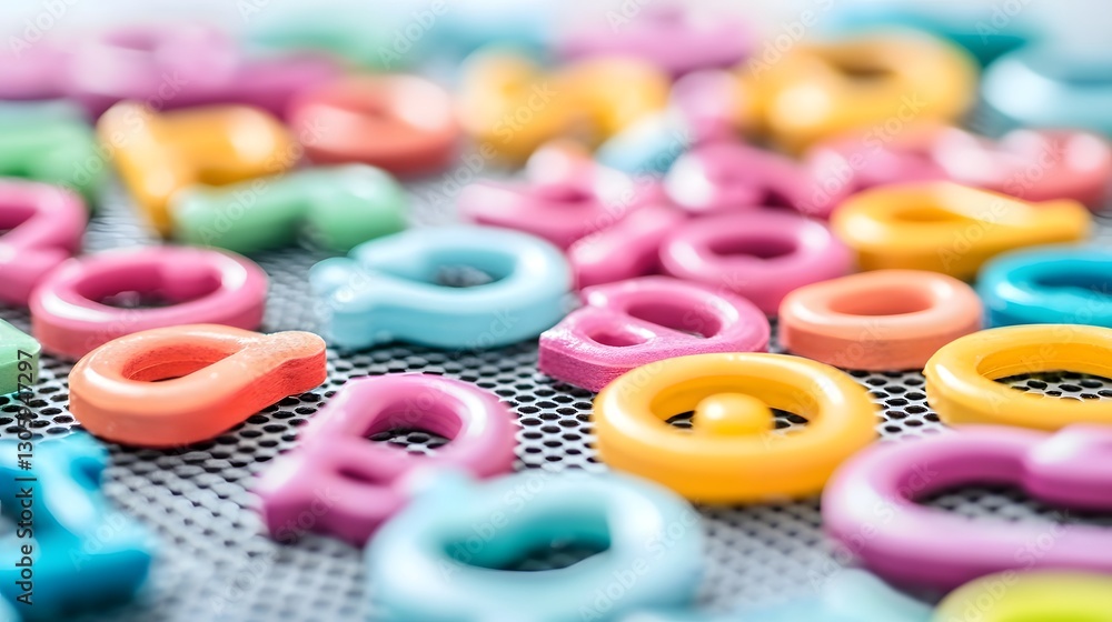 Aufkleber Close up of vibrant multicolored magnetic letters artfully arranged in abstract geometric patterns on a sleek metal board creating a captivating minimalist and modern composition