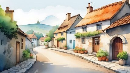 Fototapeta premium Street view of peaceful European village houses in watercolor painting style