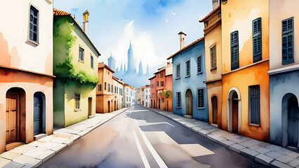 Fototapeta premium Watercolor Painting of Quaint European Town Street with Colorful Buildings