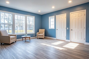 Fototapeta premium Bright, modern room with light-beige chairs, a small round table, and large windows overlooking a tranquil garden.